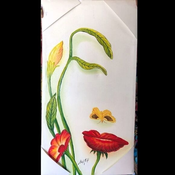 𝅺BEAUTIFUL painting on fabric canvas, woman face out of flowers. 😍 - Picture 1 of 2
